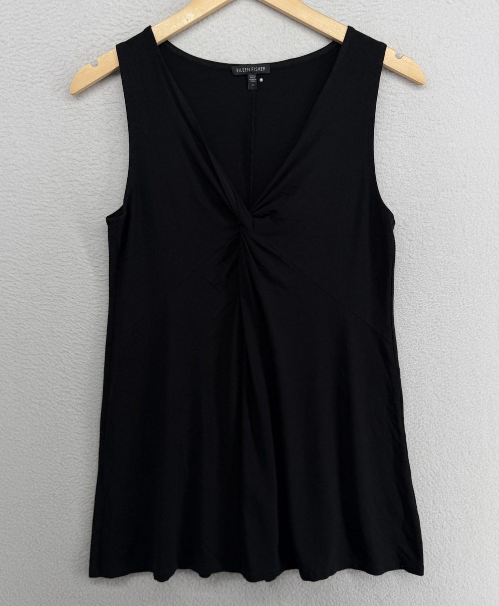 EILEEN FISHER Tank Top S Stretch Rayon Jersey Twist Front Tunic Shell Black USA